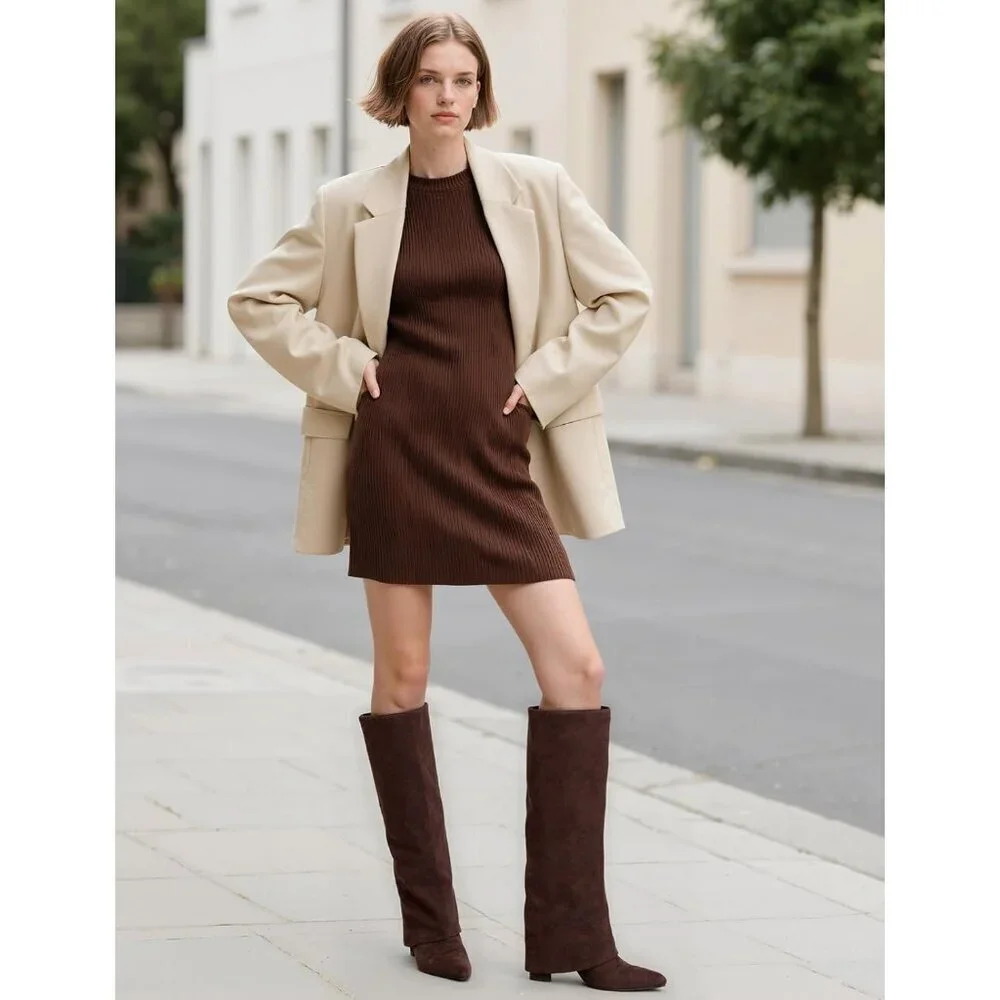 Women Suede Chocolate Faux Leather Fold Over Knee High Chunky High Heels Boot